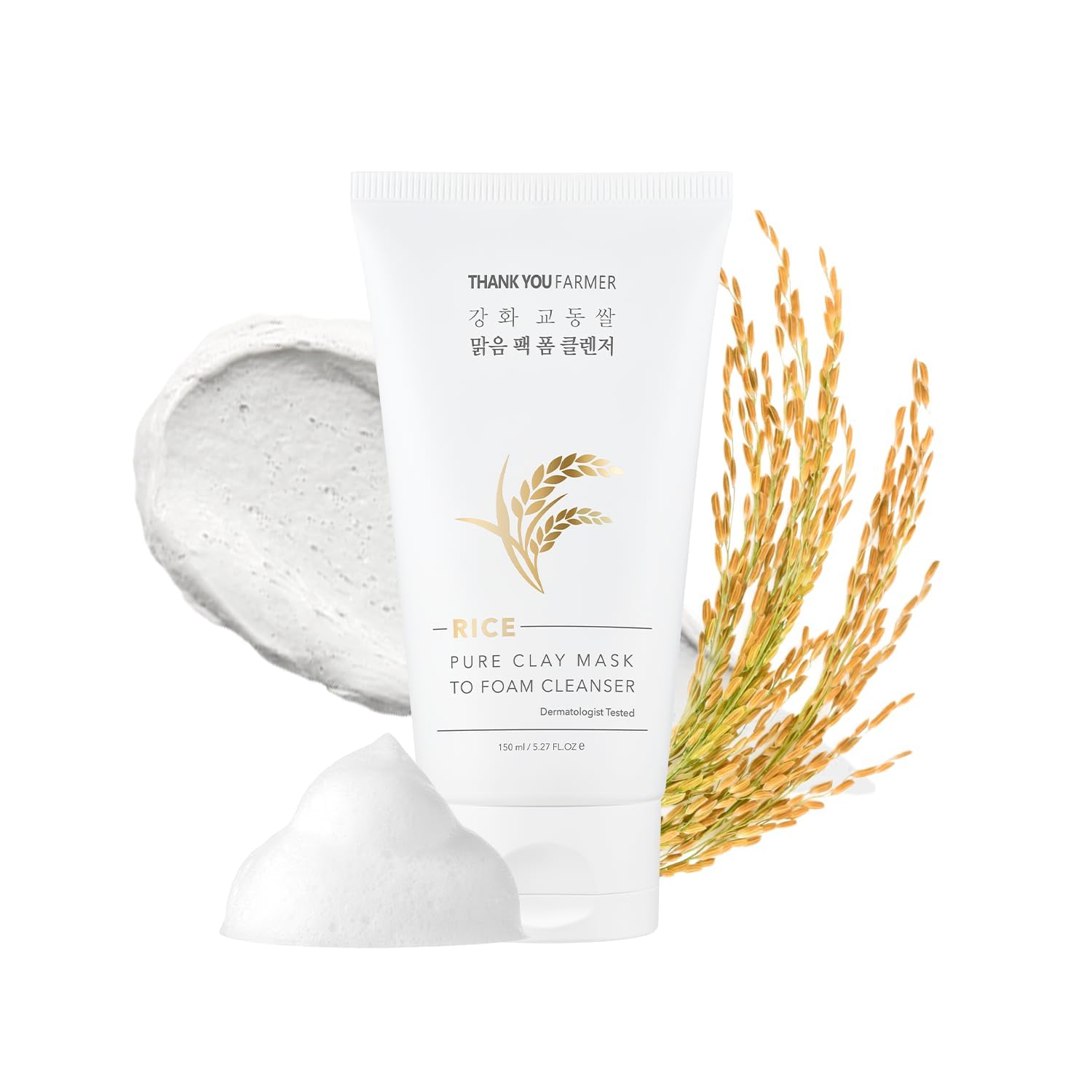 THANKYOU FARMER Rice Pure Clay Mask To Foam Cleanser 5.27 Fl Oz (150ml) - Korean Clay Mask | Foaming Facial Cleanser | Rice Mask Korean | Foam Cleanser | Cleanser Mask | Foaming Cleanser