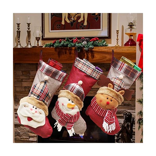 YAMUDA 3 Pcs New Year Christmas Stockings Socks Plaid Santa Claus Candy Gift Bag Xmas Tree Hanging Ornament Decoration