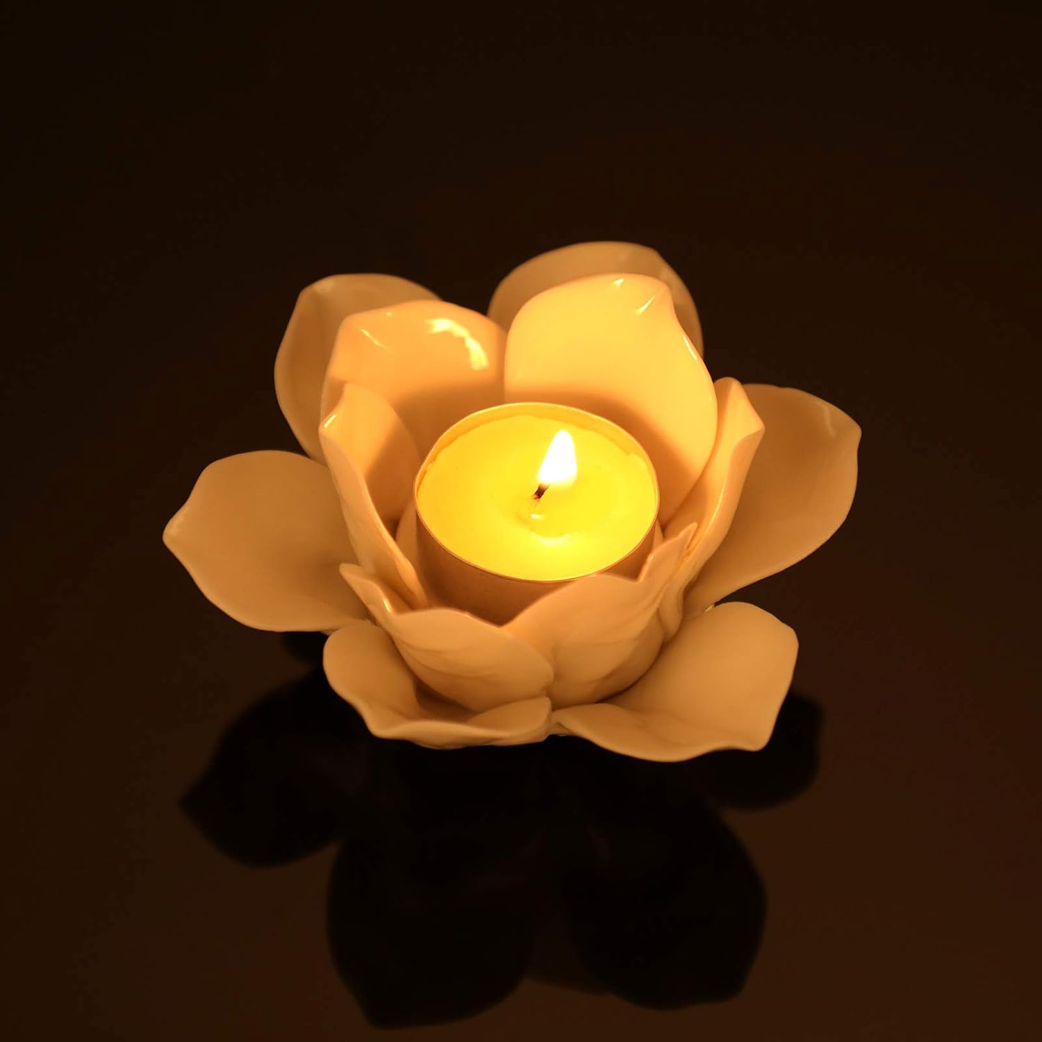 OwnMy 4.5 Inch Ceramic Lotus Flower Tea light Holder Lotus Petals Candle Holder Candlestick, Votive Flower Tealight Candle Holder Candle Lamps Holder with Gift Box for Home Decor Wedding Party (White): Kitchen & Dining
