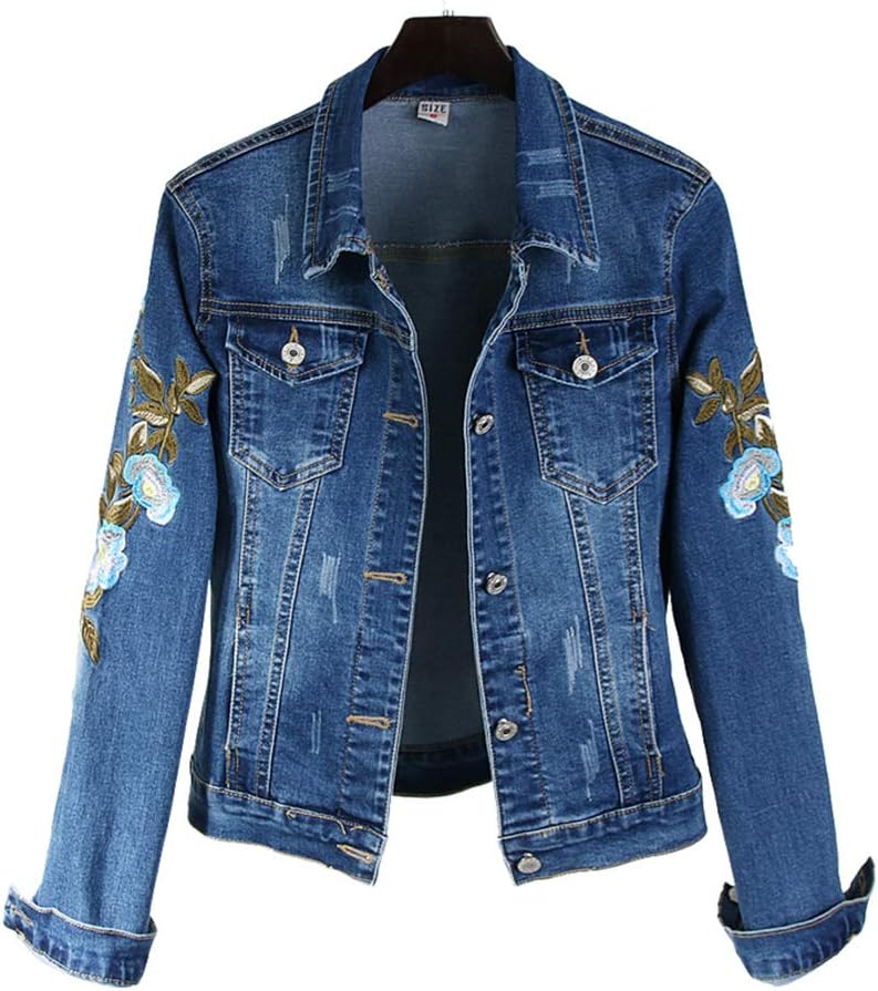 AnyuA Women Cropped Fashion Stretchy Floral Embroidery Denim Jacket