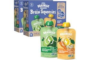 Little Brainiac Variety Pack Organic Fruit & Veggie Snack Brain Boosting Toddler Pouches, Two Flavor Variety Pack, with Omega-3s DHA/EPA and Choline, Clean Label, BPA-Free, Non-GMO, 3.5 oz, Pack of 12