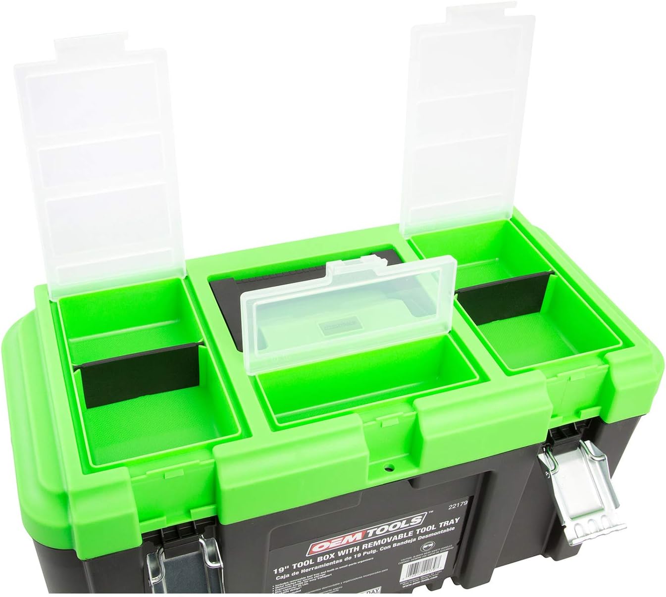 OEMTOOLS 22160 19 Inch Tool Box with Removable Tool Tray, Small Parts Organizer in Lid, Heavy Duty Tool Box with 2 Metal Latches, Rated up to 40 Lbs., Green - - 