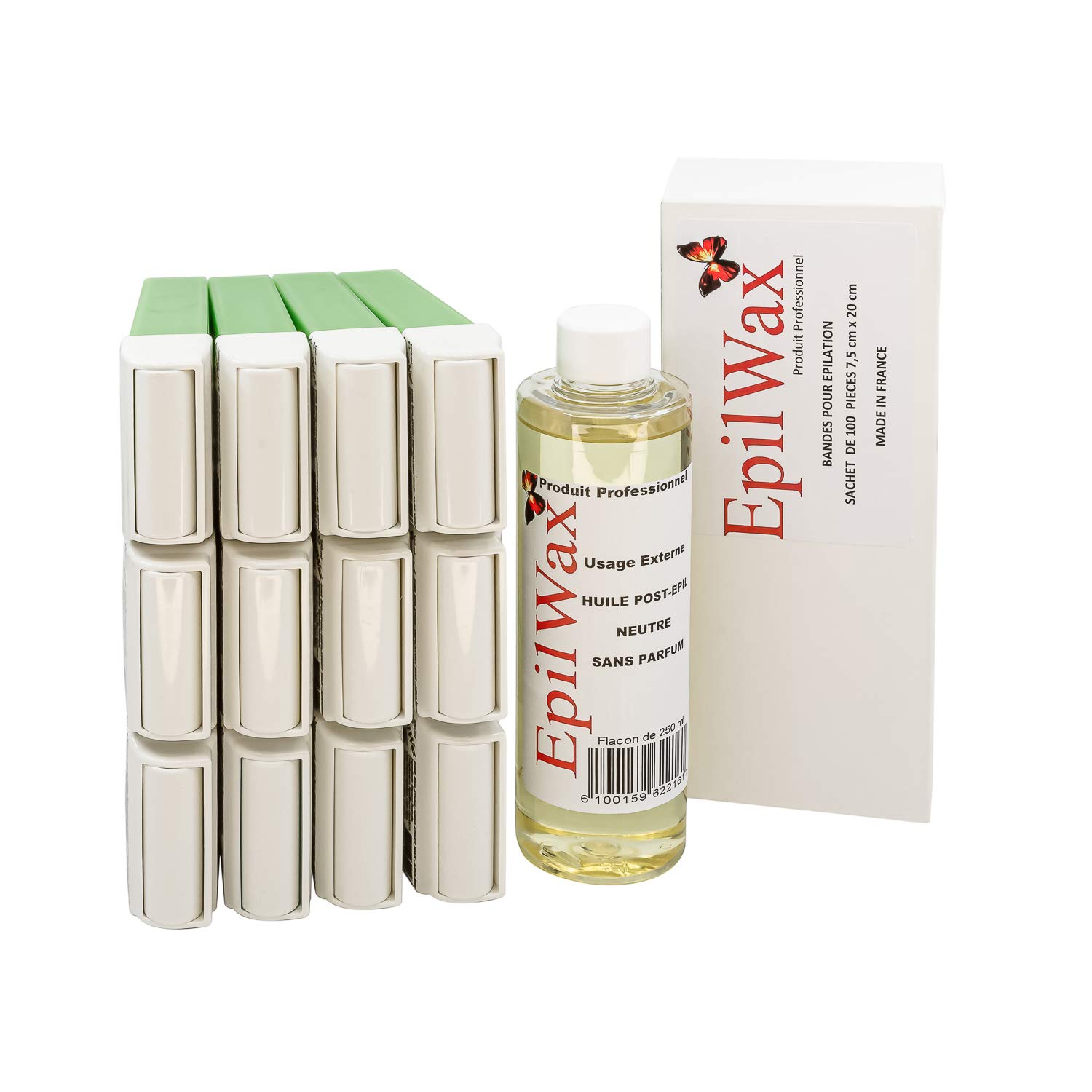 EpilWax - Lot de 12 x Roll On Cire Epilation à l'Aloé Vera + 100 x Bandes d'Épilation + Huile après Épilation - Jambes, Aisselles, Corps - Facile à étaler et à Retirer