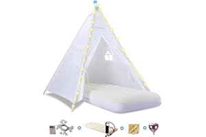 Heypappy Teepee Tent for Kids with Inflatable Airbed, String Lights, Balloons, Pump, Washable Slumber Party Tent Indoor Outdoor for Girls Boys, Children Tipi Playhouse for Playtime and Sleepover