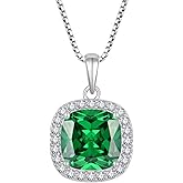 Inpasne Birthstone Necklace for Women 925 Sterling Silver Princess Cut Halo Necklace Pendant Jewelry Gifts for Her