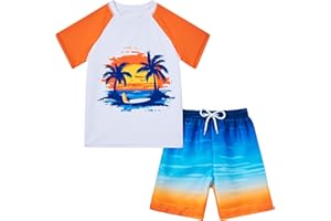 SunFocus Boys Two Piece Rash Guard Swimsuits Sets Bathing Suits with Trunks 4-12 Years