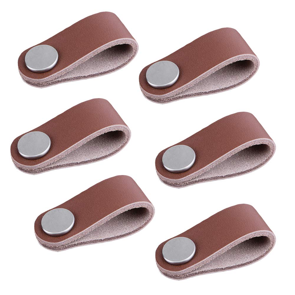 6pcs Leather Furniture Door Handle Modern Europe Style Pull Handle Knob for Doors Cabinets Cupboards Suitcase (Small, Brown)