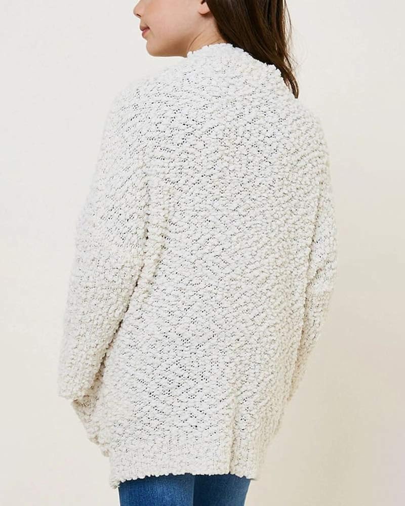 Batermoon Girls Open Front Cardigan Popcorn Knit Long Sleeve Casual Sweaters Coat with Pockets: Clothing