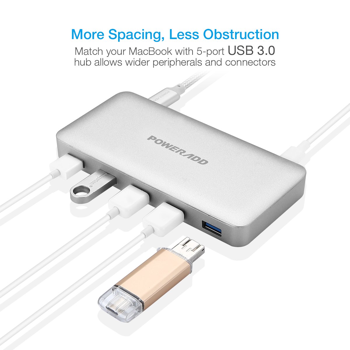 USB C Hub, Poweradd Ultra Slim Type C Hub 5-Port USB 3.0 and PD 2.0 Data Hub (5Gbps Transfer Speed, Anodized Alloy, Compact and Lightweight) for Mac, PC, USB Flash Drives and Other Devices - Silver