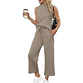 SAMPEEL Two Piece Sets for Women Summer Outfits Lounge Sets Mock Neck Tops Wide Leg Crop Pants Vacation Travel Outfits
