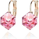 Cube Austrian Crystal Drop Leverback Earrings for Women Fashion 14K Rose Gold Plated Hypoallergenic Jewelry