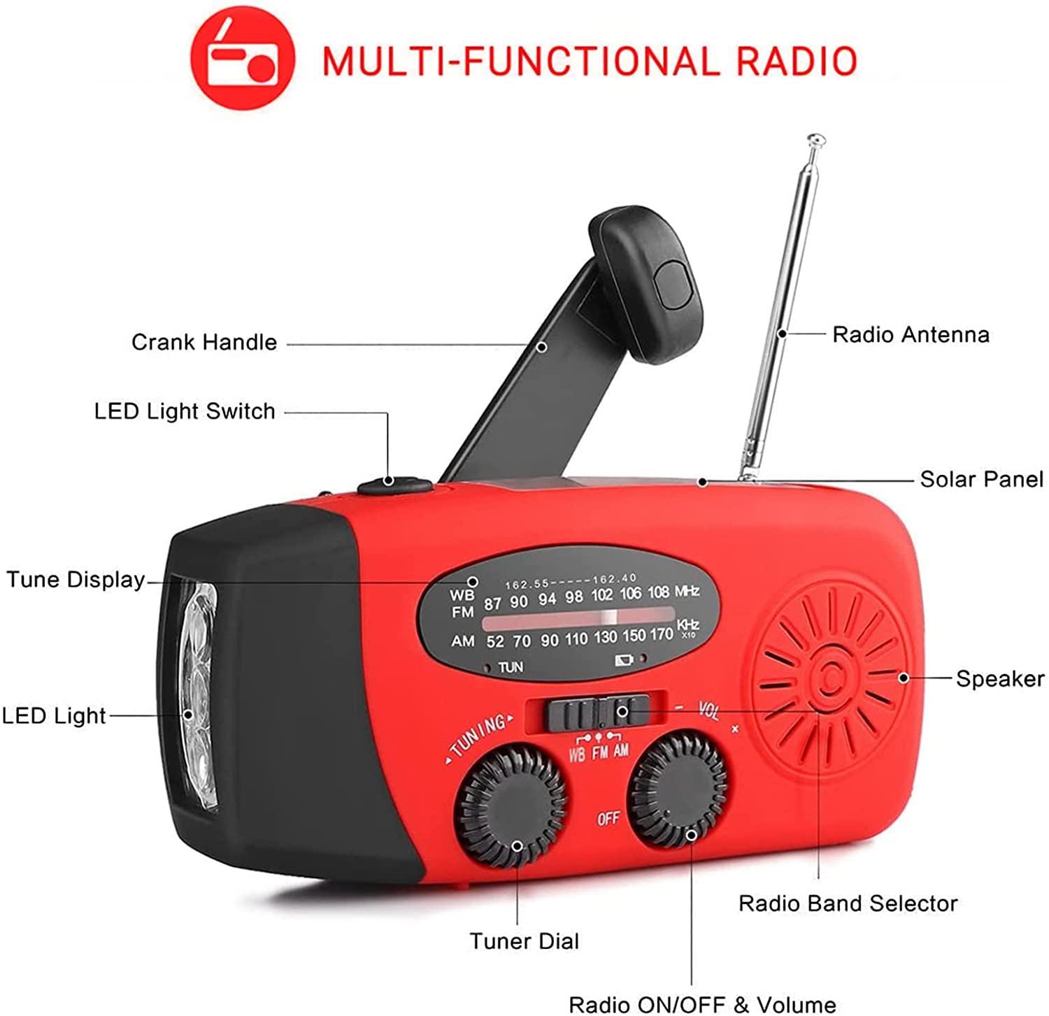 Notfall-Solarradio,Solarbaby Selbstbetriebenes Kurbelradio mit LED-Taschenlampe, SOS-Alarm,AM/FM Wetter Wind Up Radio mit 2000mAh Akku für Notladung von Smartphone,(Rod) 2