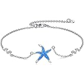 KQF Anklet for Women 925 Sterling Silver Starfish Wave/Shell Opal/Dolphin/Star Adjustable Ankle Bracelets Ocean Beach Jewelry for Women