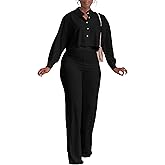 HBQ Women's 2 Piece Outfits Casual Tracksuit Long Sleeve Button Down Crop Top Wide Leg Long Pant Lounge Sets