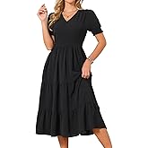 Seta T Women's Summer Dress Casual Short Sleeve V Neck A-Line Smocked Ruffle Tiered Flowy Beach Midi Dresses with Pockets