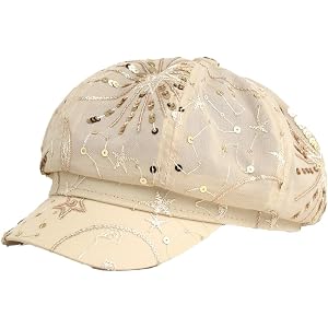 EMGILL Women’s Sequin Newsboy Hats Y2K Octagonal Caps 8 Panels Floral Pattern Beret Peaked Caps for Spring Summer Daily Wear