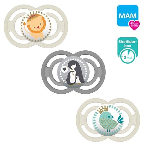 MAM Perfect Silikon Schnuller 16+ Neutral Mix // 3er Set // inkl. 3 Sterilisiertrasportboxen
