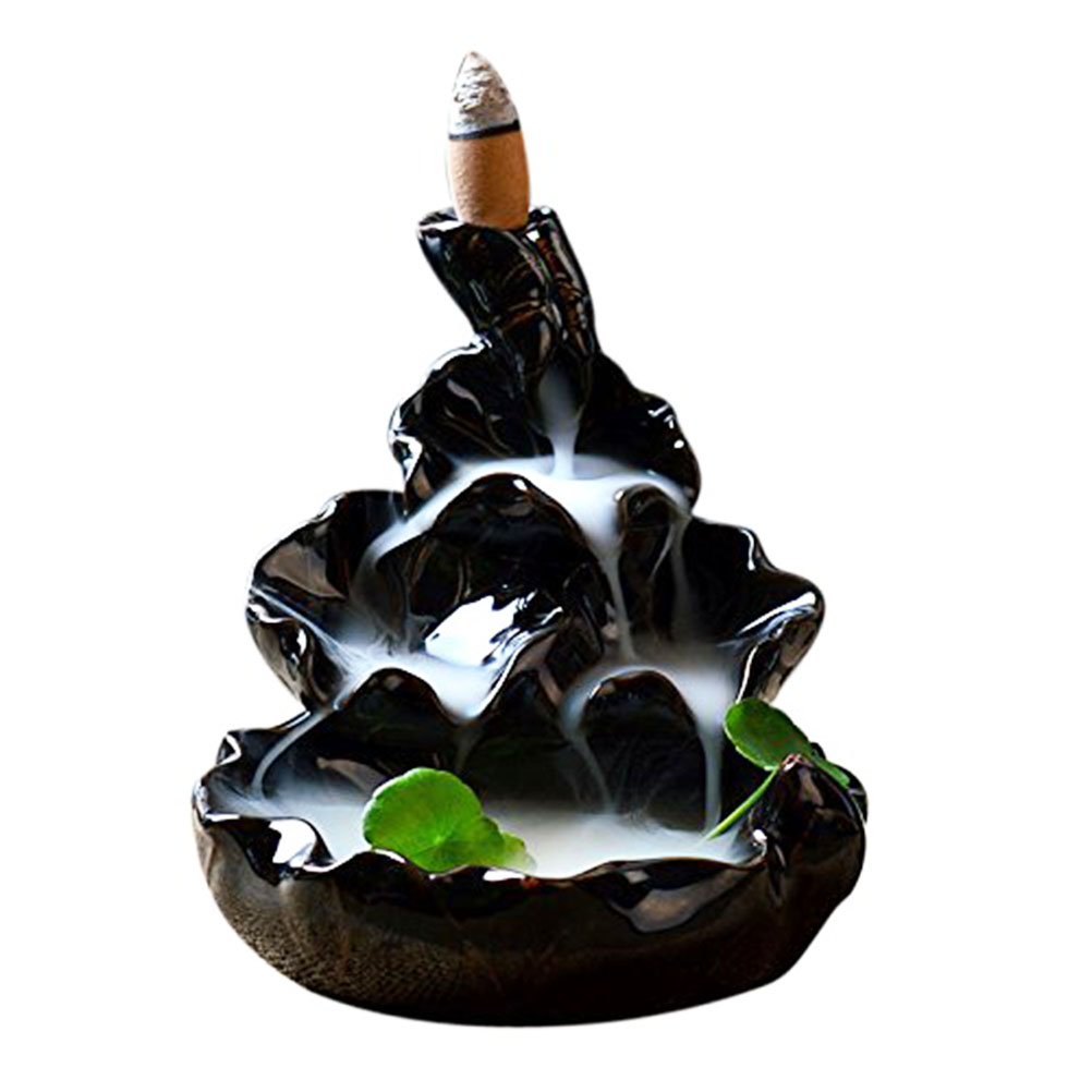 NUOLUX Ceramic Glaze Incense Smoke Cone Burner Back flow Censer Tower Holder (Black)