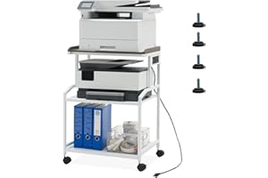 LAUREN HAROLD Lauren&Harold 34'' Printer Stand with Storage 3-Tier Printer Table with Power Outlets and USB Ports, Rolling Printer Cart with Adjustable Shelf, Large White Printer Stand with Wheels for Home Office