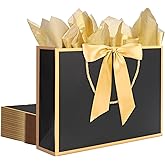 QIELSER 12 pcs Black Gift Bags with Handles 12.6x4.5x10 Inches Large Paper Bags with Bow Ribbon and Tissue Paper Gift Wrap Bags for Birthday Bridesmaid Party Wedding Baby Shower Valentines,Black-Gold