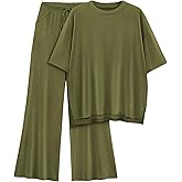AmazingStar Womens Lounge Set 2026 Summer 2 Piece Outfits Oversized Short Sleeve Tops & Wide Leg Pant Matching Sets Clothing