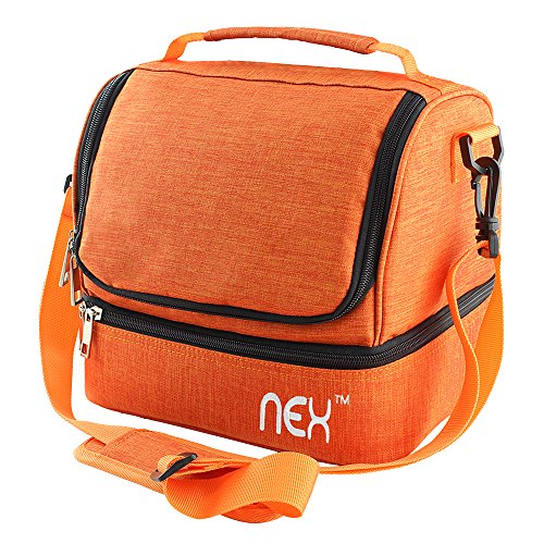 Nex Lunch Bag Double Cooler Carry Bag Insulated Tote Large Capacity with Adjustable Shoulder Strap and Zip Closure Travel Lunch Tote(Orange)