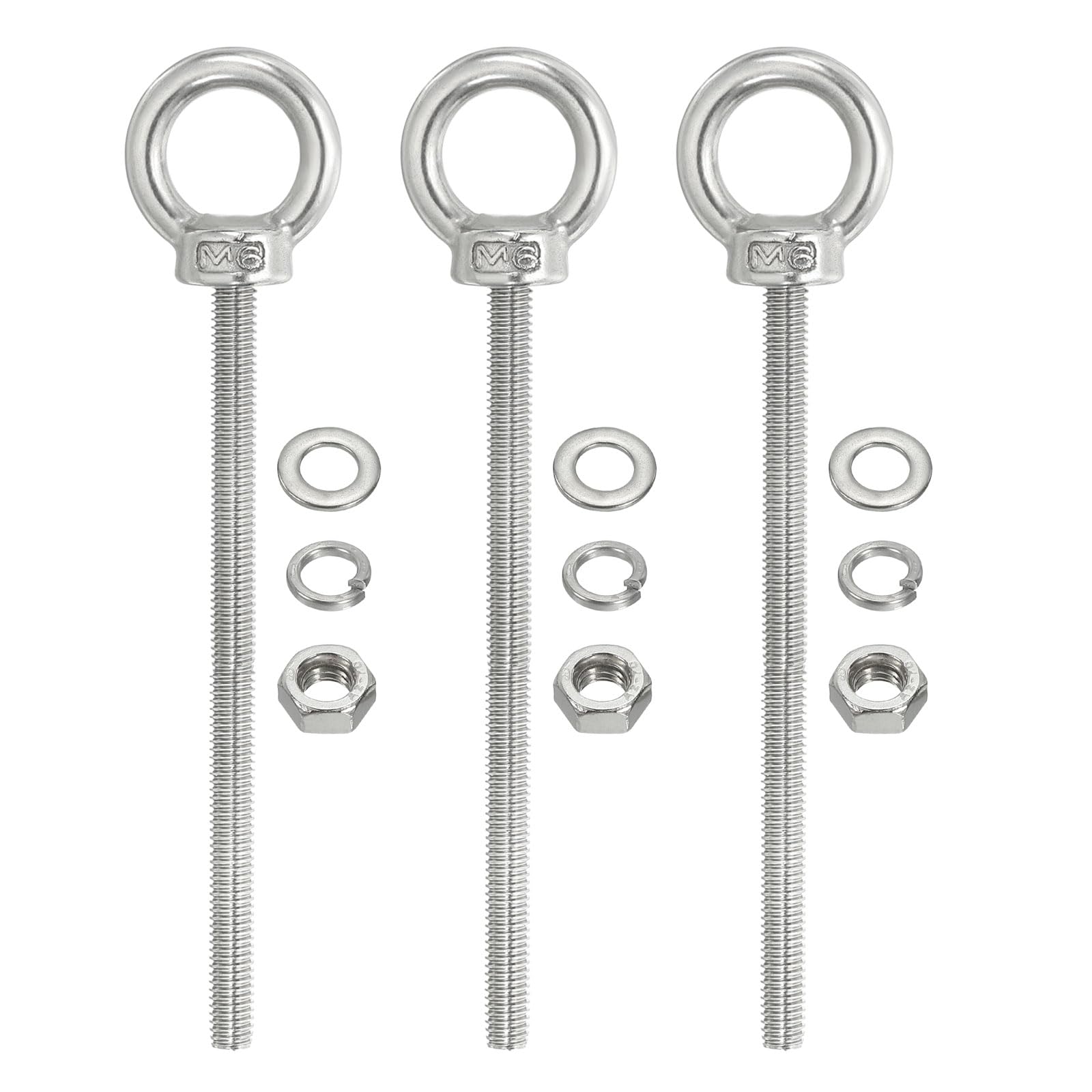 PATIKIL M6 x 100mm Lifting Shoulder Eye Bolt, 3Pcs 304 Stainless Steel Lifting Ring Threaded Eyebolt with Nuts Washers for Hanging Hammocks Articles
