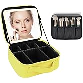 Travel Makeup Bag for Women and Makeup Artists Cosmetic Organizer Large Makeup Case,Travel Makeup Bag with Mirror 3 Color Setting,Portable Storage and Adjustable Dividers(yellow)