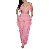 KANSOON Two Piece Sets for Women Sexy Crochet Outfits Halter Top Fringe Pants Summer Party Clubwear