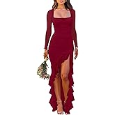 BORIFLORS Women's Ruched Bodycon Maxi Dresses Mesh Long Sleeve Square Neck Ruffle Hem Cocktail Party Dress