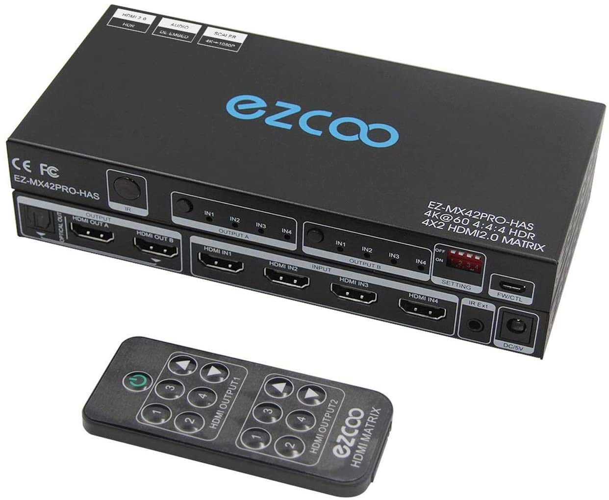 HDMI Matrix 4 in 2 Out 4K 60Hz 4:4:4 HDR D-o-l-b-y Vision Atmos SPDIF 5.1CH Breakout 3.5mm Stereo HDCP2.2- PC Console 16 EDID HDMI Scaler 4K 1080P Sync, HDCP2.2 HDMI2.0 Matrix 4x2 IR Remote,MX42PRO