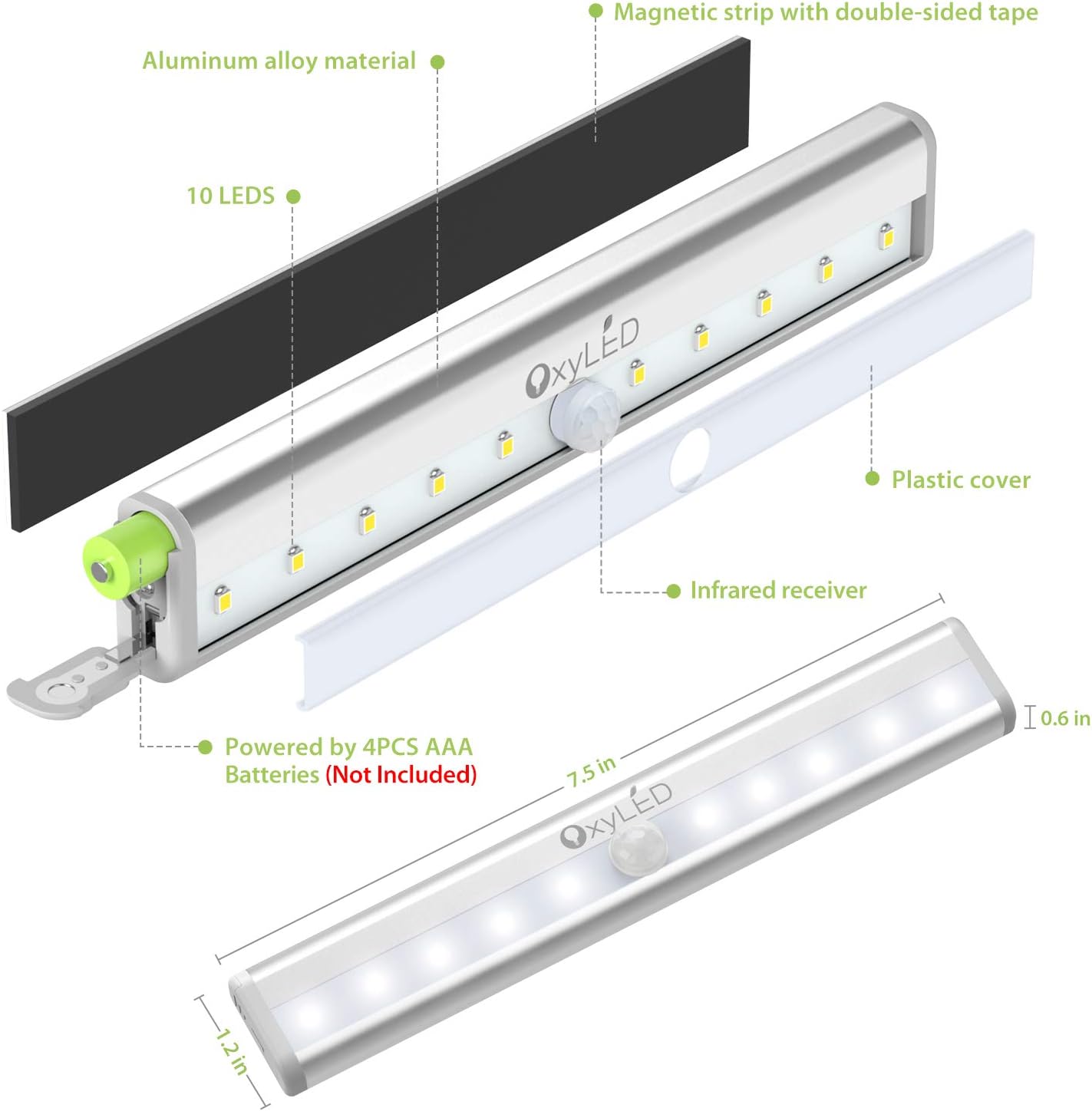 Motion Sensor Closet Lights, OxyLED Cordless Under Cabinet Lightening, Wireless Stick-on Anywhere Battery Operated 10 LED Night Light Bar, Safe Lights for Closet Cabinet Wardrobe Stairs (3 Pack) - - 