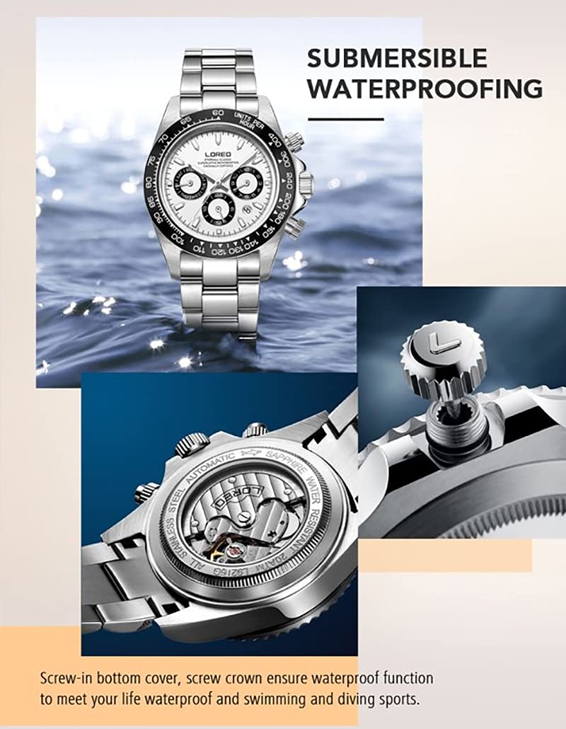LOREO Mens Automatic Watch Silver Stainless Steel Sapphire Glass Ceramic Bezel Date Military Diving Waterproof Watch