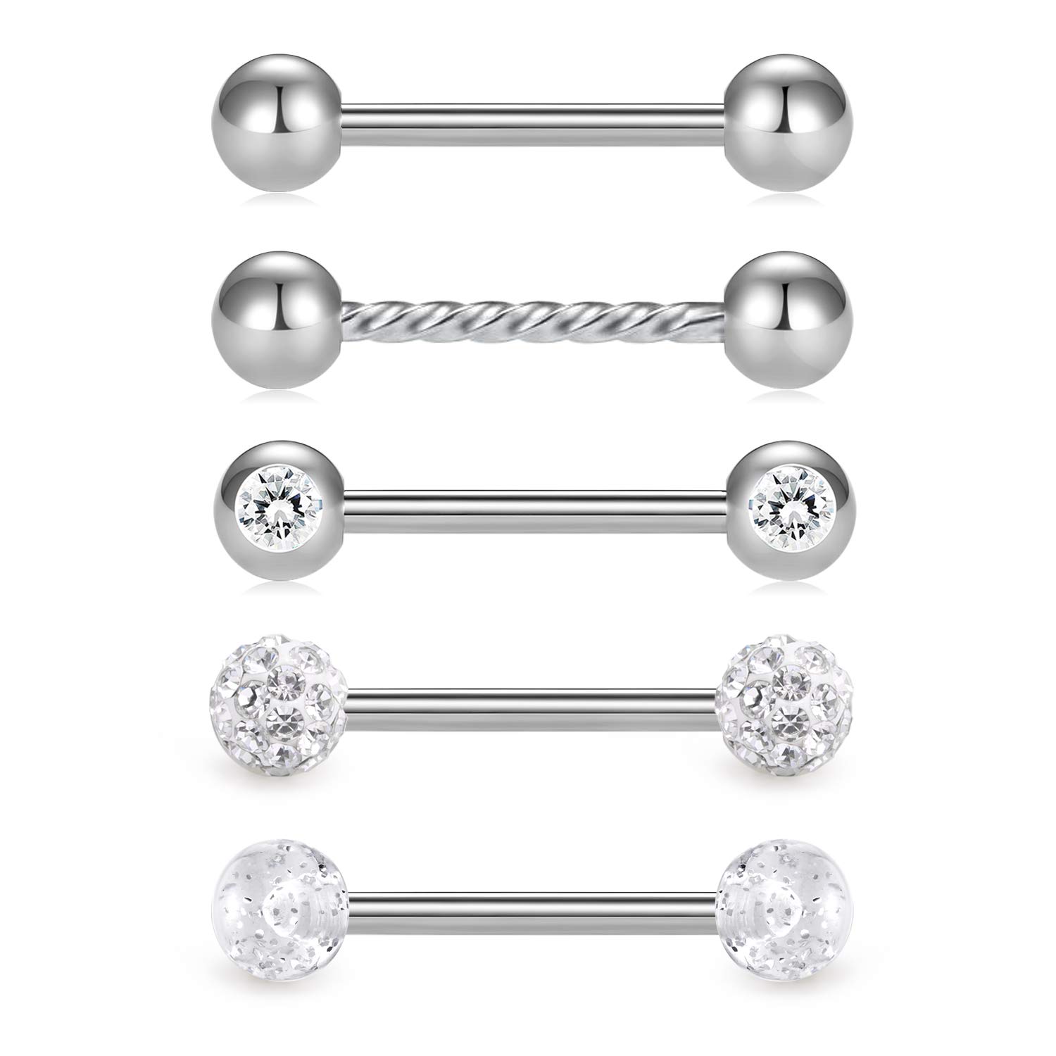 Crdifu 5pcs Stainless Steel 14 Gauge Tongue Nipple Ring Piercing Barbell Set 14mm Bar Body Jewellery