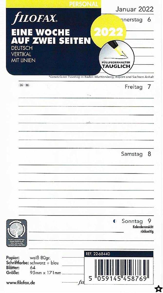 FILOFAX Personal 1 Week on 2 Pages Vertical (German) 2022