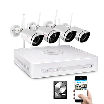 Foscam FN3104 W-B4–1T Videoüberwachungssystem, WLAN, 4 drahtlose IP-Kameras, HD mit 720p und Festplatte von 1 TB, 12 V, weiß,
