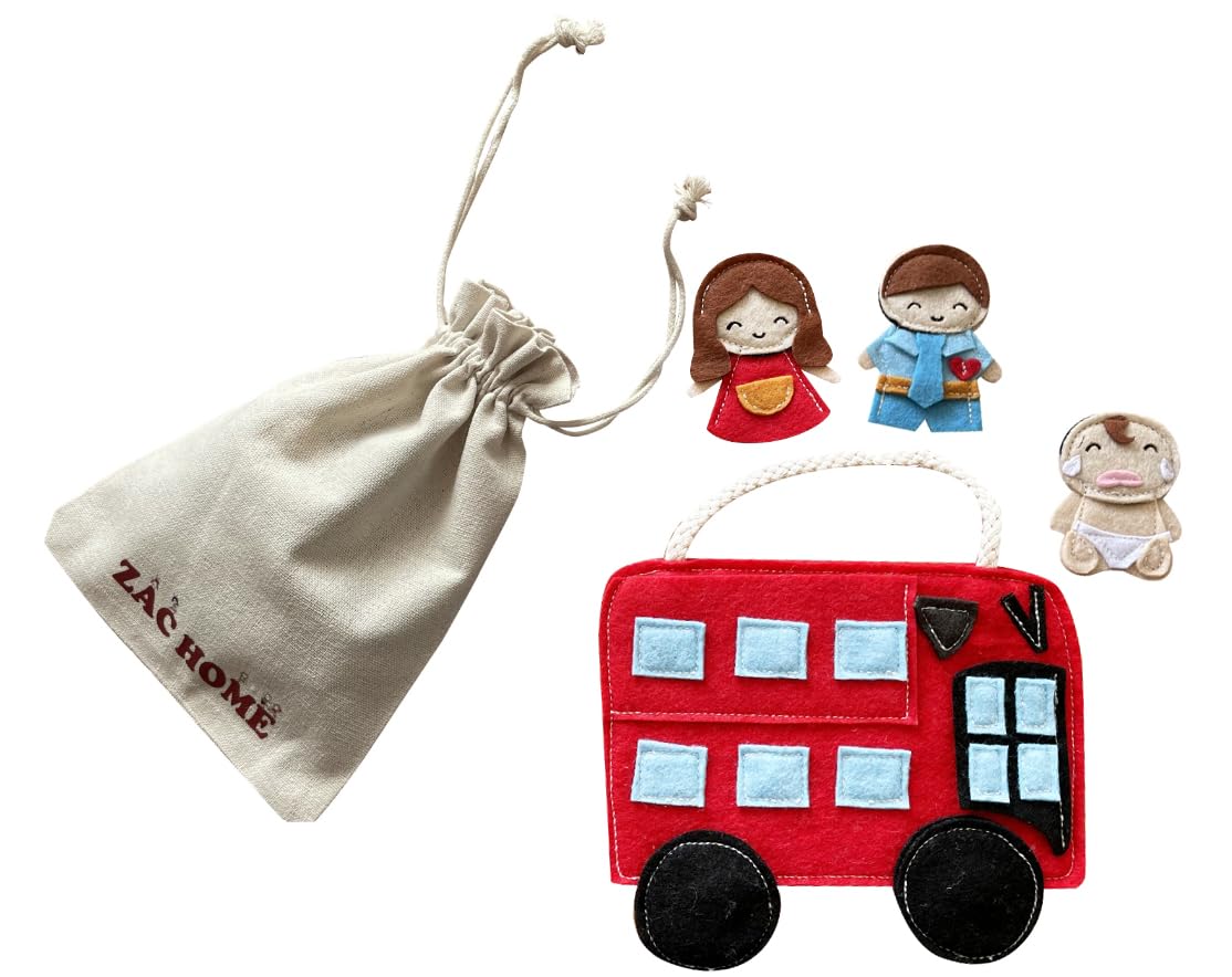 Nursery Rhyme" The Wheels on the Bus " Finger Puppet Play Set - Detachable Wheels, Open-and-Shut Door, 3 Finger Puppets Mummy Dadday and Baby with a Bus Bag