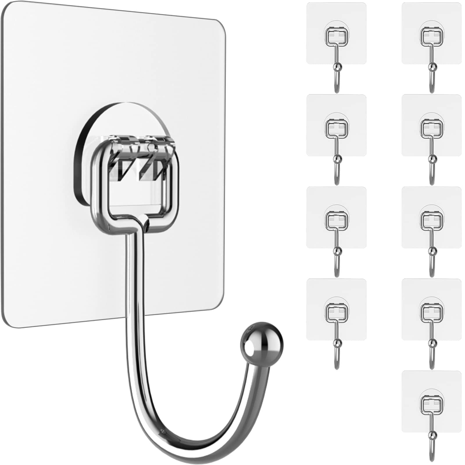 Photo 1 of 10 Pack Heavy Duty Adhesive Wall Hooks, Strong & Transparent, Hold up to 44lb, Waterproof & Reusable, Ideal for Kitchen, Bathroom, and Office