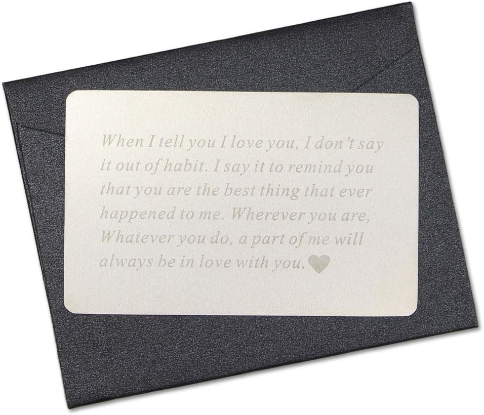 Vanfeis Metal Engraved Mini Love Note Wallet Insert Card - Birthday Gifts for Men, Him - Wedding Anniversary Gifts for Husband, Boyfriend - Unique Engagement Present, Deployment Gift for Women, Her