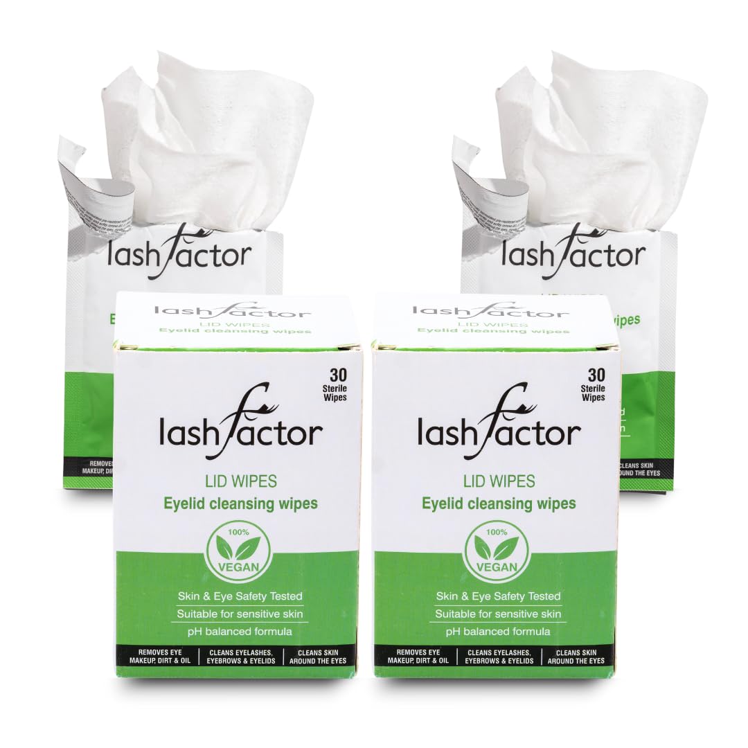 Lashfactor Eyelid Cleansing Wipes for Daily Eyelid Hygiene & Tired and Dry Eyes - Plant Based, Individually Wrapped Eyelash Wipes, Natural Makeup Remover - 30 (Pack of 2)