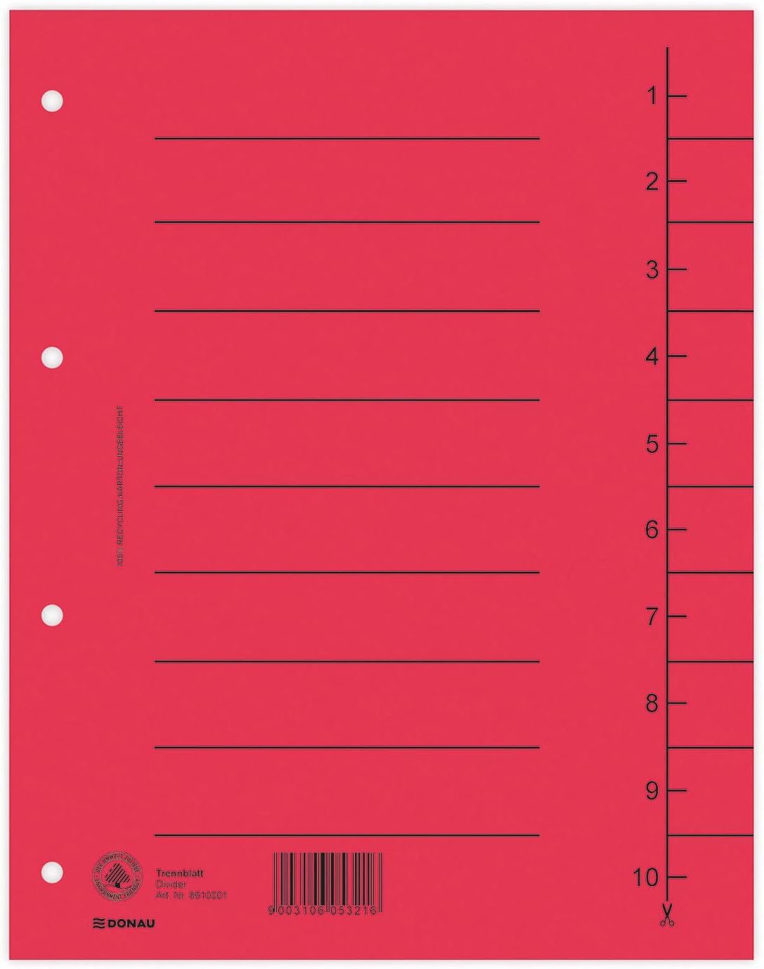 DONAU 8610001-04 Pack of 100 Dividers Red Recycled Cardboard 250 g/m² with Line Print for DIN A4 4-Hole Dividers Dividers Folder Index