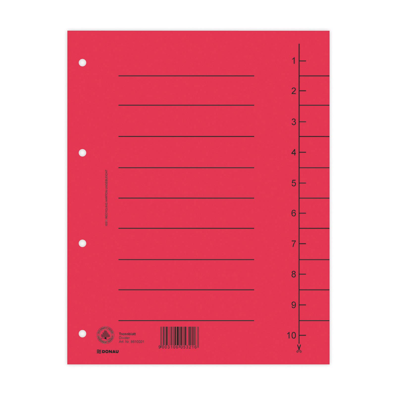 DONAU 8610001-04 Pack of 100 Dividers Red Recycled Cardboard 250 g/m² with Line Print for DIN A4 4-Hole Dividers Dividers Folder Index
