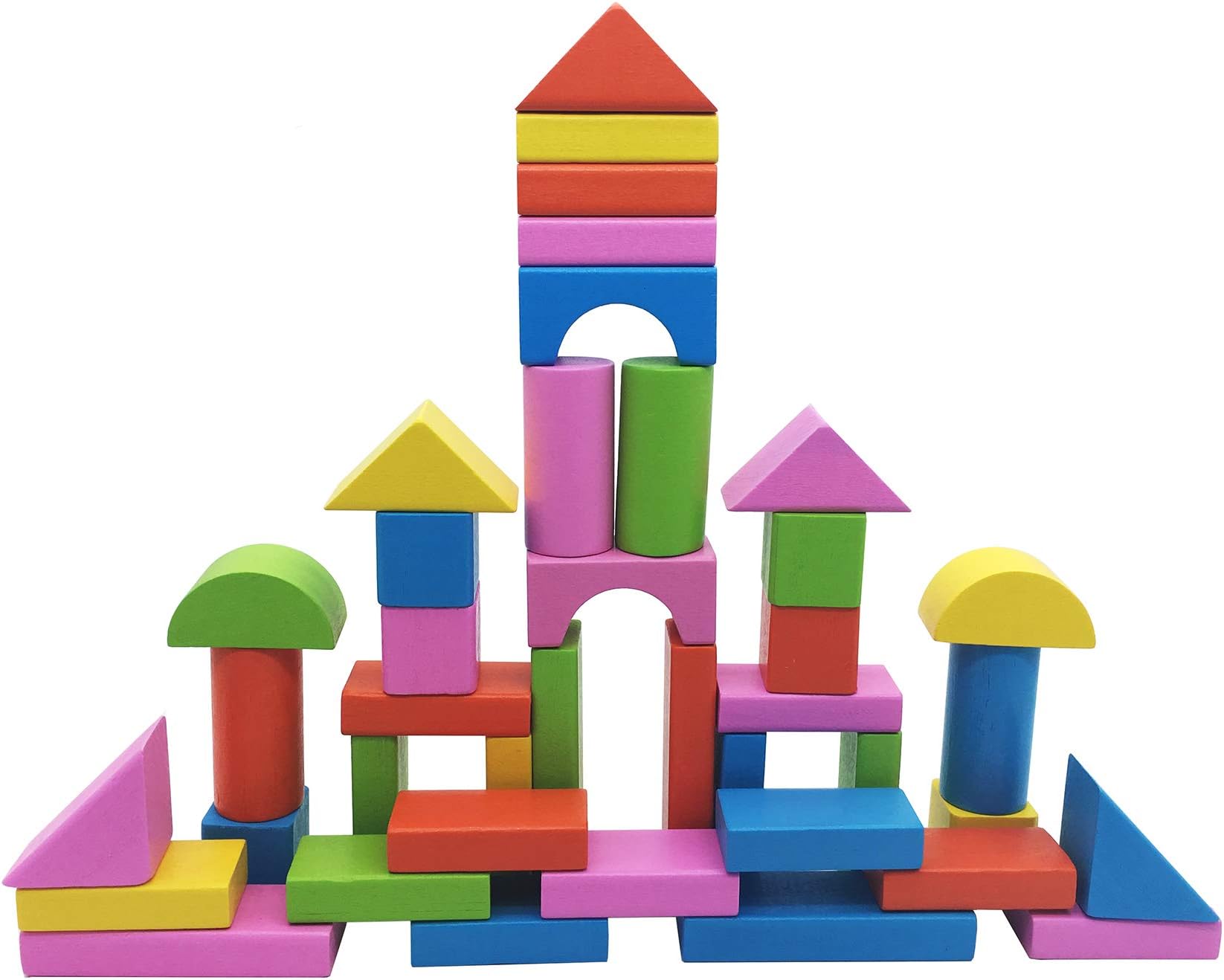 Afunti 50 Pieces Wooden Building Blocks Set Wood Stacking Game Color Shapes Educational Toys For 3 4 5 Years