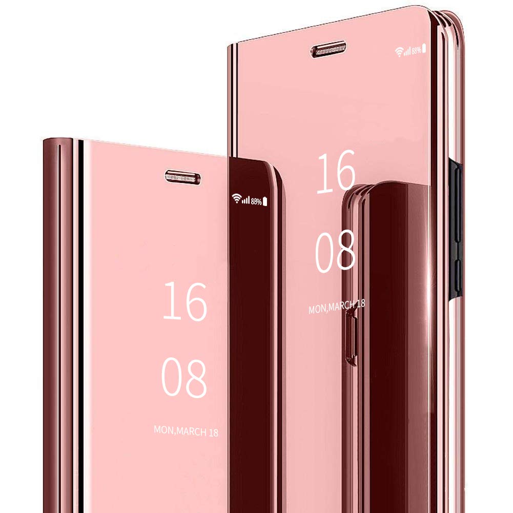 MadBee for Galaxy A70 Case [with Screen Protector Full Coverage Flexible Film], Electroplate Plating Kickstand Case Smart Clear View Cover for Galaxy A70 (Pink)