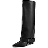 GPXGPX Knee High Boots Women Fold Over Chunky High Heel Wide Calf Pointed Toe Boots Belt Buckle Fall Long Boot for Women