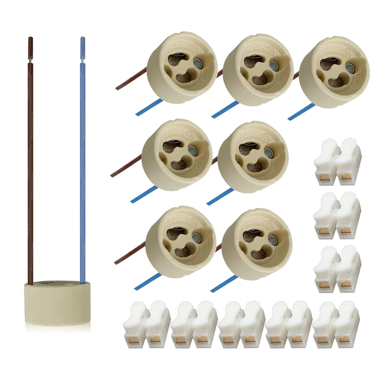 8XGU10 Lamp Holders,High Temperature Resistant Silicon Wire is Connected to GU10 Connector Ceramic Base, 0-250V ，Including Quick Connect terminals,Suitable for LED Bulbs