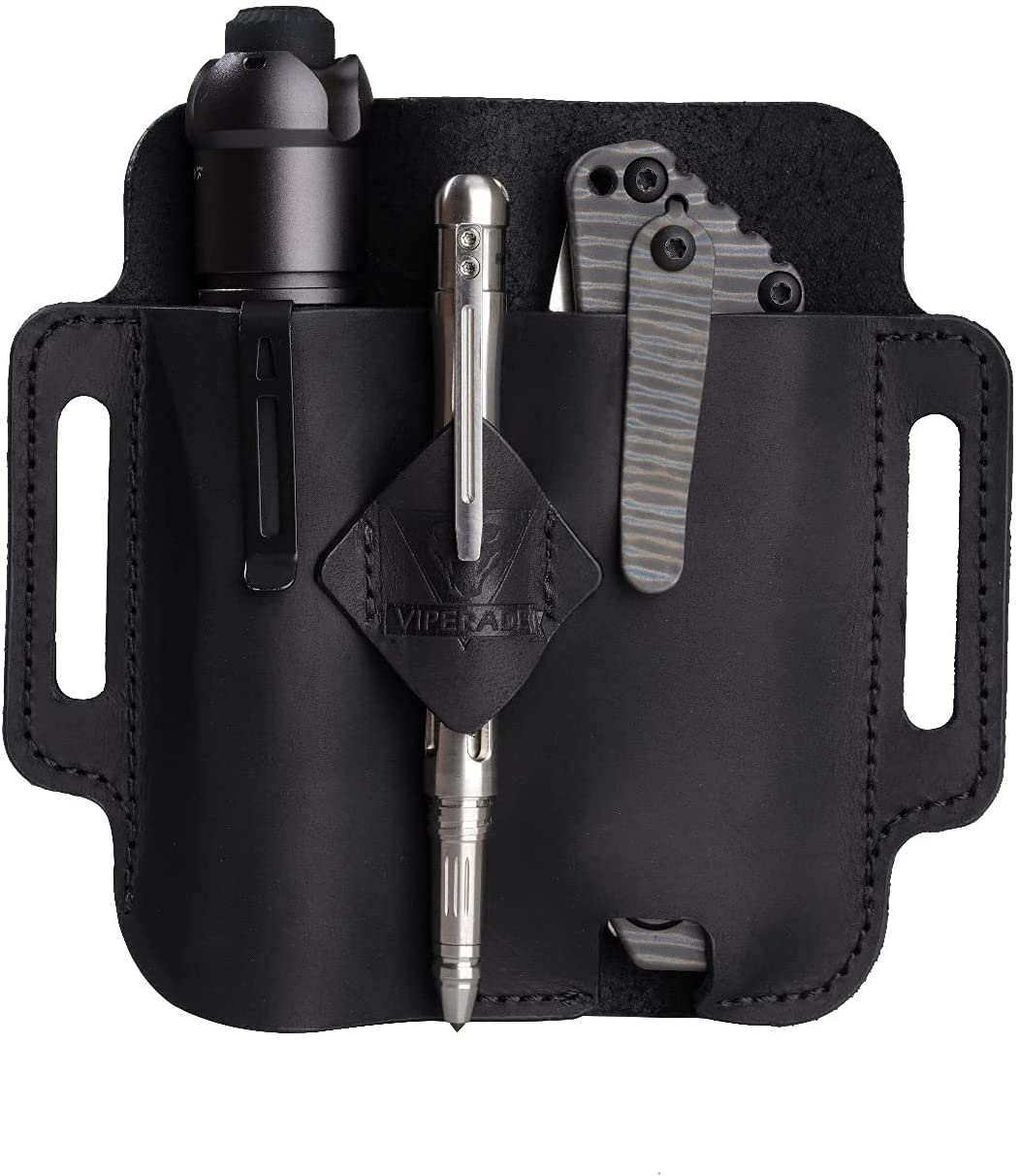 VIPERADE PJ19 Multitool Sheath EDC Belt Organizer Handmade 2 Pocket Belt Leather Sheath for Men/Knife/Tool/Flashlight/Tactical Pen, Pocket EDC Organizer (Black-PJ19)