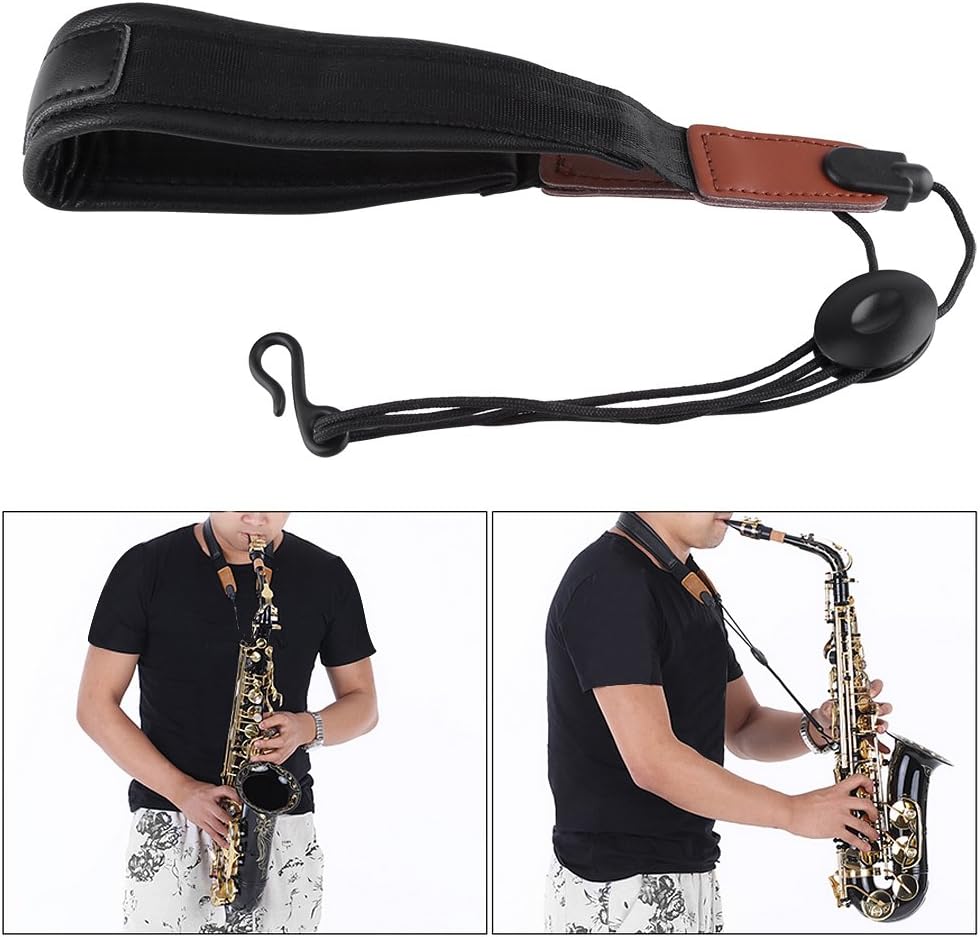 Soulong Adjustable PU Leather Neck Strap with Hook and Shoulder Strap for Saxophone Black