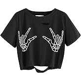 AVANOVA Women Skull Finger Graphic Distressed Tee Shirt Ripped Short Sleeve Crop Tops