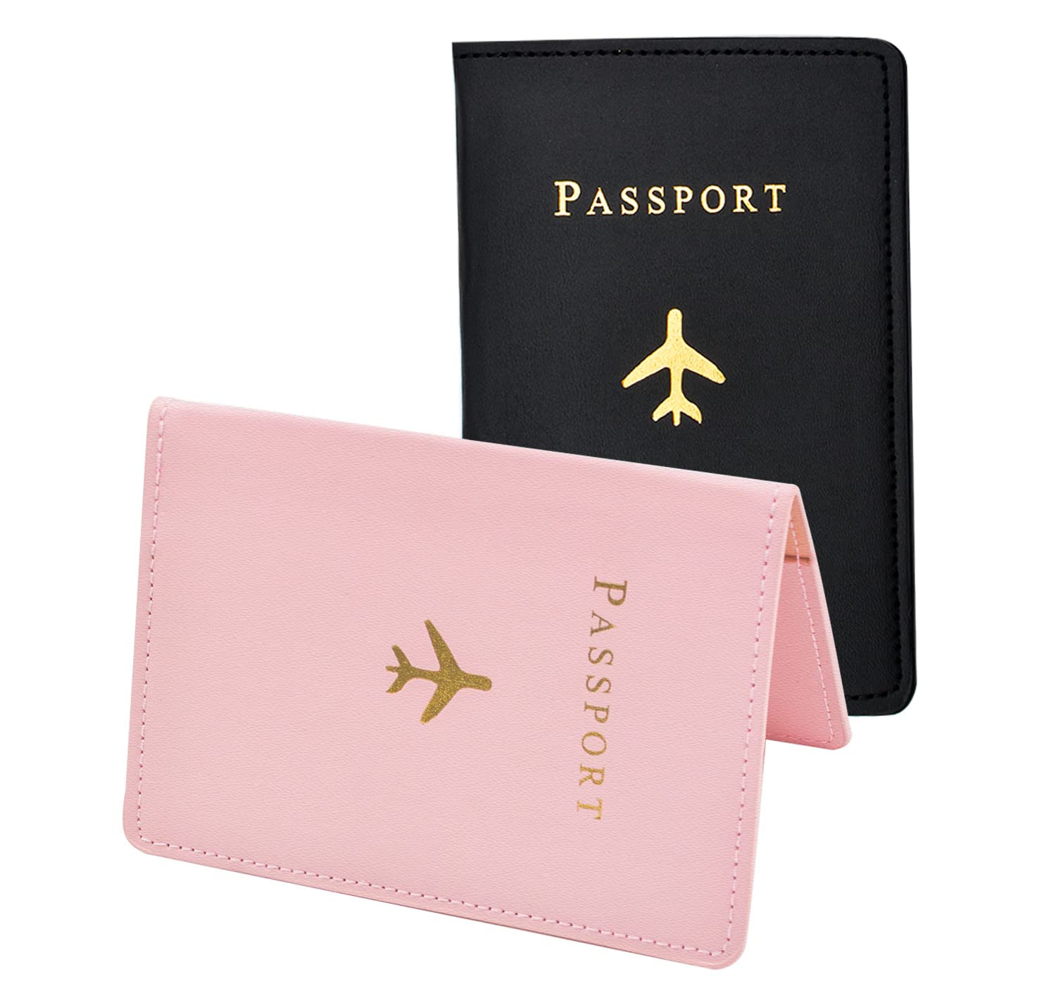 WANDIC Passport Cover Holders, 2 Pieces Waterproof Leather Passport Wallet Case Passport Holder Protector for Honeymoon Wedding Family Business Travel, Pink Black